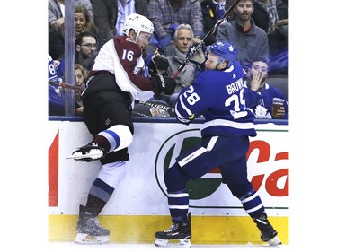 Toronto Maple Leafs right wing Connor Brown (28) and Colorado Avalanche defenseman Nikita Zadorov (16) on Monday January 14, 2019.The Toronto Maple Leafs host the Colorado Avalanche in Toronto. Veronica Henri/Toronto Sun/Postmedia Network