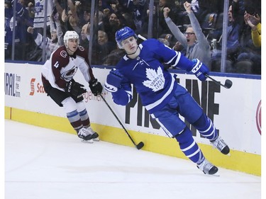 Toronto Maple Leafs right wing Mitchell Marner (16) scores in the third period on Monday January 14, 2019.The Toronto Maple Leafs host the Colorado Avalanche in Toronto. Veronica Henri/Toronto Sun/Postmedia Network