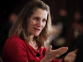 Chrystia Freeland, Minister of Foreign Affairs, participates in a question and answer session with Sean Finn, CN Executive Vice-President, Corporate Services and Chief Legal Officer, at a Winnipeg Chamber of Commerce luncheon in Winnipeg, Wednesday, April 4, 2018.