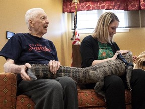 In this Jan. 14, 2019, photo Ron Snyder, 88, and Holly Armstrong, the life enrichment community director, hold Wally, a 4-foot-long emotional support alligator, at the SpiriTrust Lutheran Village in York, Pa.