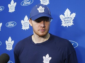 Maple Leafs goalie Frederik Andersen speaks to reporters about how his injury is progressing after practice at the MasterCard Centre on Friday. (Jack Boland/Toronto Sun)