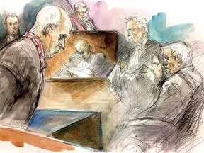 Serial killer Bruce McArthur (left) pleads guilty to eight counts of first-degree murder. (Pam Davies sketch)