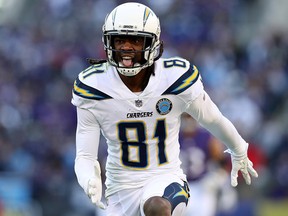 Mike Williams of the Los Angeles Chargers celebrates a catch against the Baltimore Ravens during the second half in the AFC Wild Card Playoff game at M&T Bank Stadium on Jan. 6, 2019 in Baltimore, Md.