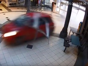 A red car is seen barrelling through the lobby of the Courtice Community Centre Pool on Jan. 25, 2019.