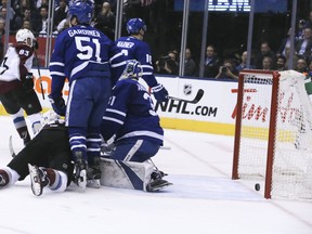 Leafs defenceman Jake Gardiner (centre) was booed every time he touched the puck last night against Colorado. (Veronica Henri/Toronto Sun)