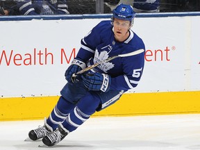 Jake Gardiner of the Toronto Maple Leafs warms up prior to action against the Colorado Avalanche at Scotiabank Arena on Jan. 14, 2019 in Toronto.