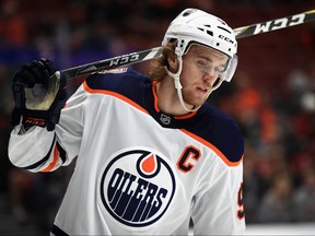 ANAHEIM, CA - NOVEMBER 23:  Connor McDavid #97 of the Edmonton Oilers looks on during the first period of a game against the Anaheim Ducks at Honda Center on November 23, 2018 in Anaheim, California.  (Photo by Sean M. Haffey/Getty Images)