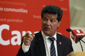 Unifor National President Jerry Dias addresses the media, Tuesday, Jan. 8, 2019, in Windsor, Ont. (AP Photo/Carlos Osorio)
