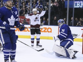 Colorado Avalanche winger Mikko Rantanen scores on Maple Leafs goalie Frederik Andersen on Monday night at Scotiabank Arena. (Veronica Henri/Toronto Sun)