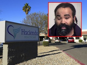 Nathan Sutherland, inset, a male nurse, has been arrested in Arizona for the sexual assault of a woman who gave birth while in a long-term vegetative state at Hacienda HealthCare in Phoenix. (Maricopa County Sheriff's Office/AFP and AP file photo)