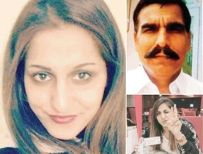Italian-Pakistani woman Sana Cheema was murdered in an honour killing last May. Her father, upper right, a brother and an uncle are charged with her murder.