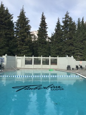 The pool with Mt. Hood in the background. Timberline Lodge is open year-round and a great place for guests to relax after a day of skiing. Kim Pemberton photo