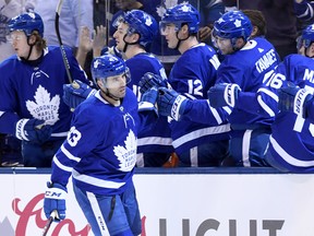 Maple Leafs centre Nazem Kadri celebrates his hat trick against the Washington Capitals on Wednesday in Toronto. (Nathan Denette/The Canadian Press)