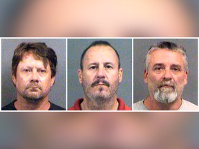 This combination of Oct. 14, 2016, file booking photos provided by the Sedgwick County Sheriff's Office in Wichita, Kan., shows from left, Patrick Stein, Curtis Allen and Gavin Wright, three members of a Kansas militia group who were charged with plotting to bomb an apartment building filled with Somali immigrants in Garden City, Kan.