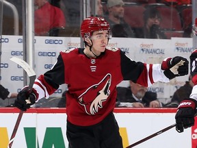 Clayton Keller of the Arizona Coyotes celebrate after he scored a power-play goal against the Pittsburgh Penguins on Jan. 18, 2019 in Glendale, Ariz.. (CHRISTIAN PETERSEN/Getty Images)