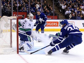 Toronto Maple Leafs' Auston Matthews scores on Jacob Markstrom of the Vancouver Canucks during NHL action at the Air Canada Centre in Toronto on Sunday Jan. 7, 2018.