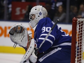 Toronto Maple Leafs Michael Hutchinson G (30) taking practice shots in net in Toronto on January 3, 2019. Jack Boland/Toronto Sun