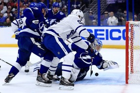 Bolts goalie Andrei Vasilevskiy makes a save against the Leafs in their last meeting in December. GETTY IMAGES