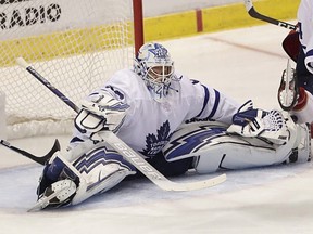 Toronto Maple Leafs goaltender Garret Sparks stretches out to stop a puck during the third period of an NHL hockey game against the Florida Panthers, Friday, Jan. 18, 2019, in Sunrise, Fla. (AP Photo/Brynn Anderson)