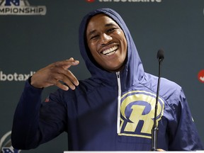 Los Angeles Rams cornerback Marcus Peters addresses the media during a press conference Wednesday, Jan. 16, 2019, in Thousand Oaks, Calif. (AP Photo/Marcio Jose Sanchez)