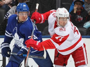 Dylan Larkin of the Detroit Red Wings (right) skates against Auston Matthews  of the Toronto Maple Leafs during an NHL game on March 24, 2018 in Toronto. (CLAUS ANDERSEN/Getty Images)