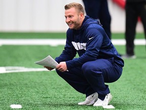 Head coach Sean McVay of the Los Angeles Rams chats with players before practice for Super Bowl LIII at the Atlanta Falcons training facility on January 30, 2019 in Flowery Branch, Georgia. (Scott Cunningham/Getty Images)