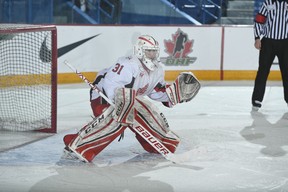 Toronto Young Nationals’ Sean Wu tends goal during the 2018 Telus Cup in Sudbury. (Matthew Murnaghan/Hockey Canada Images)