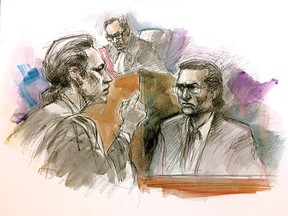 Crown attorney Beverley Richards, left, questions Albert Ian Ohab on witness stand as Justice Suhail Akhtar looks on during court on Monday, Jan. 21 2019. 
(Pam Davies sketch)