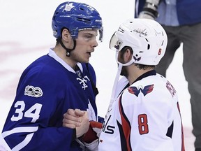 In this April 23, 2017, file photo, Toronto Maple Leafs center Auston Matthews (34) and Washington Capitals left wing Alex Ovechkin (8) shake hands after the Capitals defeated the Maple Leafs in Game 6 of an NHL hockey Stanley Cup first-round playoff series in Toronto.