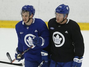 Toronto Maple Leafs defenceman Morgan Rielly (right) got some support from teammate Zach Hyman  (among others) for the all-star ‘Last Man In’ vote. (Jack Boland/Toronto Sun)