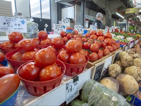 stand is seen at the Jean Talon Market where Canada's new Food Guide was unveiled, Tuesday, January 22, 2019 in Montreal. (THE CANADIAN PRESS/Ryan Remiorz)