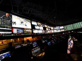 If CEO Jim Lawson had his way, Woodbine could operate a sportsbook like this one in Las Vegas, in which people would lay down bets on all manner of single-game sports. Lawson says: “We are very strong believers that with the infrastructure of our tote system and our (online wagering system, HPI) that we already have the whole backbone to run sports betting.” GETTY IMAGES FILE