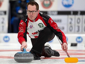 Team McDonald skip Scott McDonald delivers a rock at the Ontario Tankard in Elmira, Ontario against Team Balsdon on Jan. 31, 2019.  (SUPPLIED PHOTO)