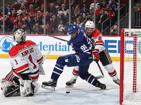 Keith Kinkaid and Andy Greene of the New Jersey Devils defend against John Tavares of the Toronto Maple Leafs during the first period at the Prudential Center on Jan. 10, 2019 in Newark, N.J.