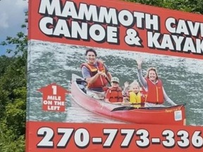 A roadside billboard for Mammoth Cave Canoe and Kayak in Cave City, Kentucky, inexplicably featuring a 2013 photo Canadian Prime Minister Justin Trudeau, his wife and two oldest children.