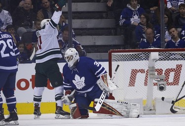 Minnesota Wild score their first goal of the game on Toronto Maple Leafs Michael Hutchinson G (30) during first period in Toronto on Thursday January 3, 2019. Jack Boland/Toronto Sun/Postmedia Network