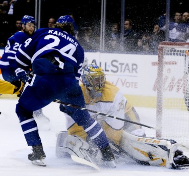 Toronto Maple Leafs right wing Kasperi Kapanen (24) can't put the puck in the net, for he is stopped by Nashville Predators goaltender Pekka Rinne (35) in Toronto on Monday January 7, 2019. The Nashville Predators defeated the Toronto Maple Leafs, 4-0Veronica Henri/Toronto Sun/Postmedia Network