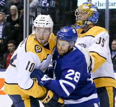 Toronto Maple Leafs right wing Connor Brown (28) and Nashville Predators center Colton Sissons (10)in Toronto on Monday January 7, 2019. The  Nashville Predators defeated the Toronto Maple Leafs, 4-0. Veronica Henri/Toronto Sun/Postmedia Network