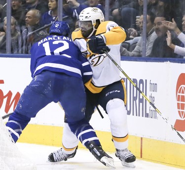 Toronto Maple Leafs center Patrick Marleau (12) and Nashville Predators defenseman P.K. Subban (76) in Toronto on Monday January 7, 2019. The Toronto Maple Leafs host the Nashville Predators.Veronica Henri/Toronto Sun/Postmedia Network