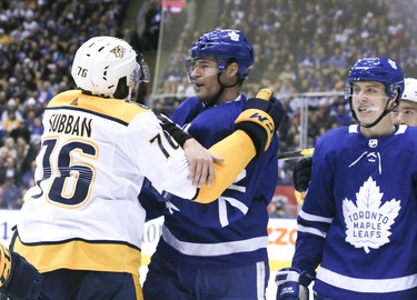 Toronto Maple Leafs center Patrick Marleau (12) and Nashville Predators defenseman P.K. Subban (76) in Toronto on Monday January 7, 2019. The Toronto Maple Leafs host the Nashville Predators.Veronica Henri/Toronto Sun/Postmedia Network