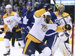 Predators’ P.K. Subban celebrates after scoring against the Leafs at Scotiabank Arena last night.  
Veronica Henri/Toronto Sun