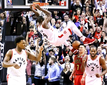 Toronto Raptors forward Serge Ibaka (9) gives the Raptors a 102-101 lead in the final seconds of the game  in Toronto, Ont. on Tuesday January 8, 2019. The Toronto Raptors host the Atlanta Hawks. Veronica Henri/Toronto Sun/Postmedia Networkk