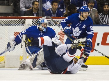 Toronto Maple Leafs John Tavares and goalie Frederik Andersen during 1st period action against the Washington Capitals Alex Ovechkin at the Scotiabank Arena in Toronto on Wednesday January 23, 2019. Ernest Doroszuk/Toronto Sun/Postmedia