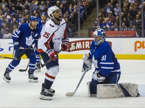 Toronto Maple Leafs goalie Frederik Andersen during 2nd period action against the Washington Capitals	Devante Smith-Pelly  at the Scotiabank Arena in Toronto on Wednesday January 23, 2019. Ernest Doroszuk/Toronto Sun/Postmedia