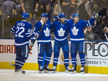 Toronto Maple Leafs Nazem Kadri (second from right) celebrates a goal during 3rd period action against the Washington Capitals at the Scotiabank Arena in Toronto on Wednesday January 23, 2019. Ernest Doroszuk/Toronto Sun/Postmedia
