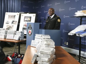 Chief Mark Saunders with street drugs alleged to have been seized in Project Sparta on Friday January 25, 2019. Veronica Henri/Toronto Sun