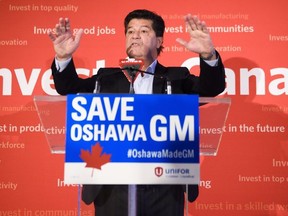 Unifor National President Jerry Dias speaks during press conference asking for all Canadians and Americans to boycott all General Motors vehicles that are made in Mexico due to the recent news about the Oshawa General Motors plant closure in Toronto on Friday, January 25, 2019. THE CANADIAN PRESS/Nathan Denette ORG XMIT: NSD104