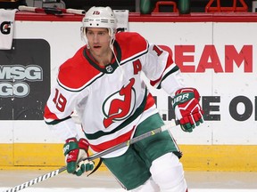 Travis Zajac and his New Jersey Devils teammates will be wearing these "heritage jerseys" against the Toronto Maple Leafs on Jan. 10, 2019. (BRUCE BENNETT/Getty Images files)