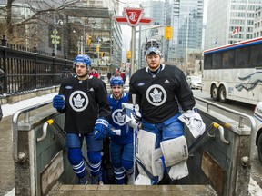Toronto Maple Leafs' (from left) Auston Matthews, Frederik Gauthier and Frederik Andersen exit the subway at Osgoode Station on their way to the 2019 Outdoor Practice at Nathan Phillips Square on Thursday. (ERNEST DOROSZUK/Toronto Sun)