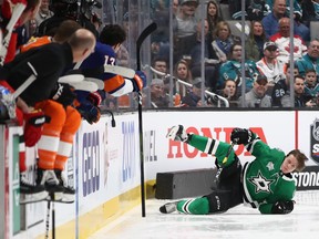 Miro Heiskanen of the Dallas Stars wipes out turning a corner athe fastest-skater competition on all-star weekend in San Jose. He was not hurt but, going without a helmet, could have been.  (Photo by Ezra Shaw/Getty Images)